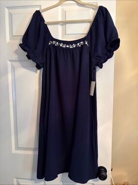 Navy Blue Puff-Sleeve Women's Dress with Embroidered Yoke